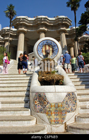 Brunnen, Park Güell, Barcelona, Katalonien, Spanien, Westeuropa. Stockfoto