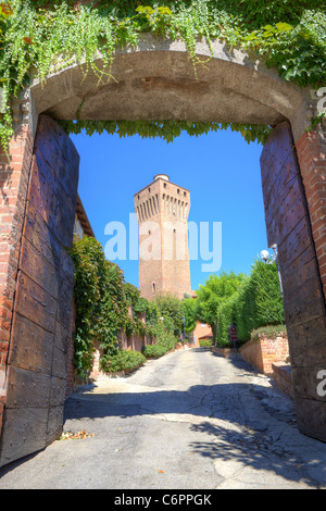 Vertikal orientierte Bild des alten Turms aus alten Holztoren in Santa Vittoria d ' Alba, Norditalien. Stockfoto