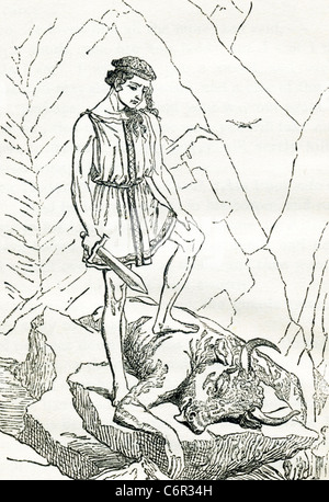 In der griechischen Mythologie ist Theseus ein legendärer Held von Athen, tötet den Minotaurus, Sohn des Königs Minos von Kreta. Stockfoto