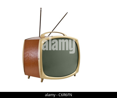 1950er Jahren tragbare Fernseher mit Antennen. Seitenwinkel, isoliert auf weiss. Stockfoto