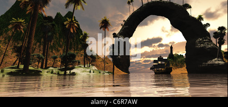 Ein Schiff segelt unter dem Eingang zu einem wunderschönen Tal. Stockfoto