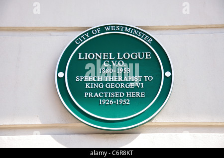 Plaque, Lionel Logue, Logopädin, König George VI, Harley Street, Westminster, Greater London, England, Vereinigtes Königreich Stockfoto