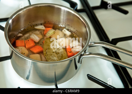 Machen eine Aktie (Grundlage für die Soße) in einer Pfanne auf dem Kochfeld mit einer Vielzahl von gehacktem Gemüse, Kräuter und Gewürze. Stockfoto