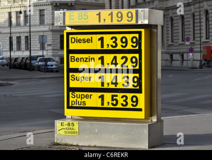 Anzeige der steigenden Kraftstoffpreise an einer österreichischen Servicestation Stockfoto