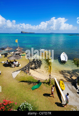 Morgendliche Aussicht von unserem Zimmerbalkon im Hotel Kuxville, Cap Malheureux Riviere Du Rempart, Mauritius. Stockfoto