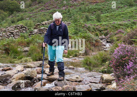 Aktive ältere Frau Walker walking im Freien suchen besorgt und zu Fuß Pole für Gleichgewicht auf Steinen verwenden, während einen Stream vorsichtig überqueren. UK Stockfoto