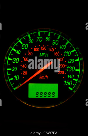 Die Kurzwahl im Auto zeigt, dass der Wegstreckenzähler oder Kilometerzähler zu erreichen 100.000 Meilen oder "rund um die Uhr" UK Stockfoto