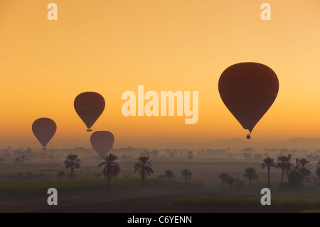 Heißluft-Ballone bei Sonnenaufgang über der Wüste in der Nähe von Luxor Ägypten Stockfoto