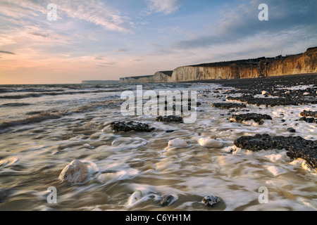 Ansicht der Seven Sisters im Abendlicht, Burling Lücke, East Sussex, England, UK Stockfoto