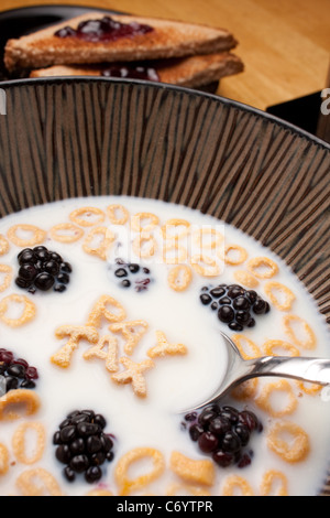 Die Wörter bezahlen Steuer geschrieben aus Brief Getreide Formstücke schwebend in einem Milch gefüllte Müslischale. Stockfoto