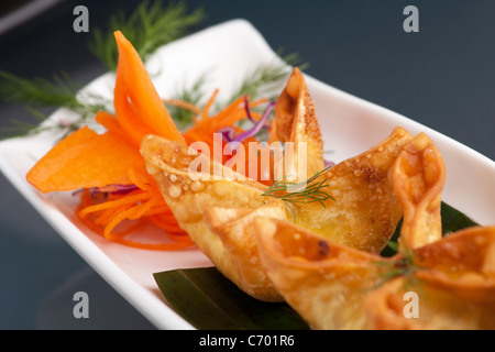 Gebratene Thai Krabbe Frischkäse Wan Tan oder Rangoons Vorspeise präsentiert auf einer Platte mit ausgefallenen Karotten und Kräutern garnieren. Stockfoto