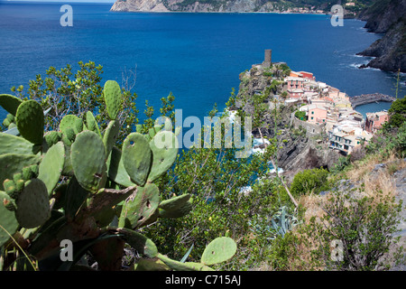 Blick vom Trail, Fischerdorf Vernazza, Nationalpark Cinque Terre, UNESCO-Weltkulturerbe, Ligurien di Levante, Italien, Mittelmeer, Europa Stockfoto