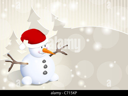 Winter Hintergrund oder Vorlage für Grusskarte mit Schneemann und Bäume Stockfoto