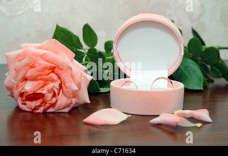 Trauringe und rose Stockfoto