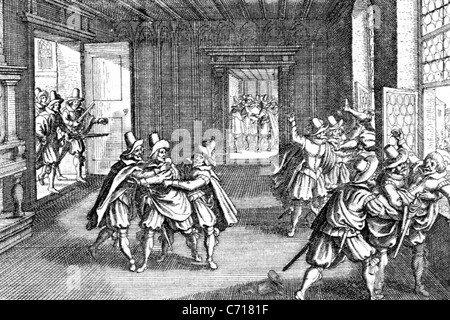 ZWEITEN FENSTERSTURZ von Prag 1618 in einem Holzschnitt in Theatrum Europaeum zwischen 1633 und 1738 veröffentlicht Stockfoto