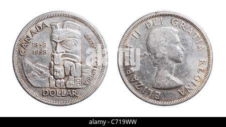 Kanadische Silber-Gedenkmünze von 1958 feiert 100 Jahre von British Columbia. Münze, abgenutzt und schmutzig. Stockfoto