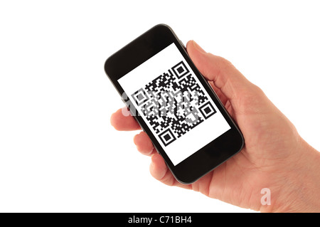 Smartphone mit QR-Code (fiktiven) Stockfoto