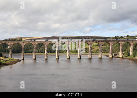 Ein East Coast High Speed Train überquert Royal Border Bridge den Fluss Tweed in Berwick, Northumberland, England, UK Stockfoto