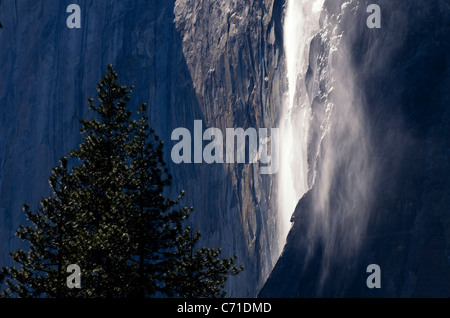 Gelegen an der Ostseite des El Capitan, ist Schachtelhalm Herbst eine saisonale Wasserfall, der im Winter und zeitigen Frühjahr in Yose Stockfoto