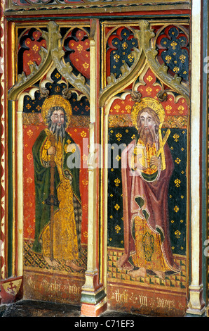 Cawston, Norfolk, Lettner. St. Jakobus der ältere und St. Andrew männlichen Heiligen Heiligen englischen Bildschirme Kirche Kirchen England UK Stockfoto