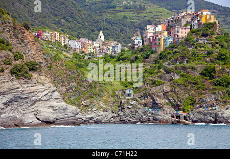 Idyllisches Dorf Corniglia, Nationalpark Cinque Terre, UNESCO-Weltkulturerbe, Ligurien di Levante, Italien, Mittelmeer, Europa Stockfoto