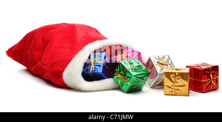 Tasche von Weihnachtsmann mit Geschenken, isoliert auf weiß. Stockfoto