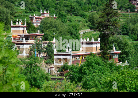 Tibetischen Stil Steinhäusern auf einem grünen Hügel. Sichuan, China. Stockfoto