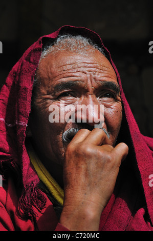 Buddhistische Mönche beobachten Chaam Moschus in Hemis Gompa tanzen. Stockfoto