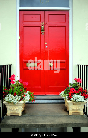 Red Door und Geranien in Clifton Village Bristol UK Stockfoto