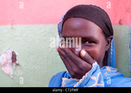 Porträt von einem lokalen Tribeswoman bei Gidir Magala, Markt in der ummauerten Stadt Harar in Ost-Äthiopien, Afrika. Stockfoto