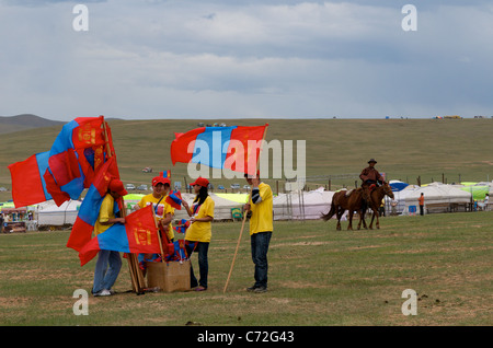 kennzeichnen Sie Kreditoren, Pferderennen Wettbewerb, Naadam-fest, Khui Doloon Khudag (außen) Ulaanbaatar, Mongolei. © Kraig Lieb Stockfoto