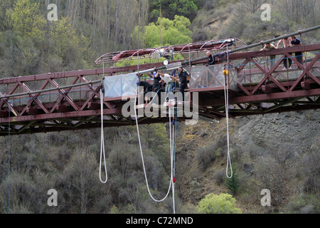 Mann über Bungee-Sprung von der Hackett Kawarau Bridge in New Zealand. Stockfoto