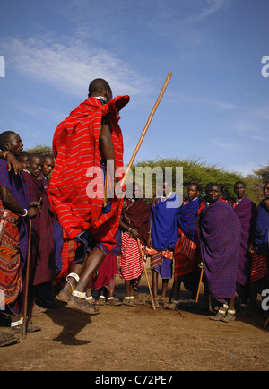 Massai-Dorf. Masai Krieger Tanz, Tansania, Ostafrika durchführen. Stockfoto