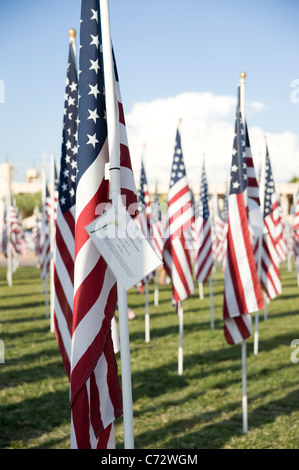 Karten Fahnen befestigt Einzelheiten der Opfer der Anschläge vom 11. September terroristischen, Heilung Feld, Tempe, Arizona, USA Stockfoto