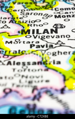 Nahaufnahme von Mailand auf Karte, Stadt Italiens. Stockfoto