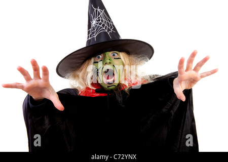 Porträt von Grün Halloween Hexe auf weißem Hintergrund Stockfoto