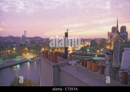 Blick über den Fluss Seine und Notre Dame Kathedrale im Abendlicht, Paris, Frankreich, Europa Stockfoto