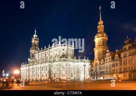 St. Trinity Cathedral und königlichen Palast bei Nacht, Dresden, Sachsen, Deutschland, Europa Stockfoto