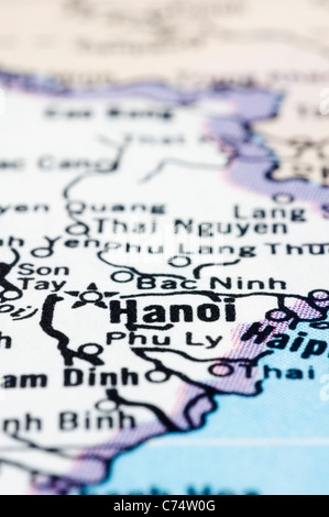 eine Nahaufnahme von Hanoi auf Karte, Hauptstadt von Vietnam. Stockfoto