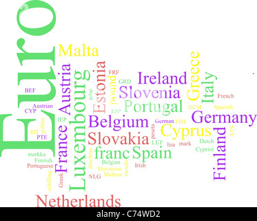 Word Cloud basiert auf der gemeinsamen europäischen Währung Stockfoto