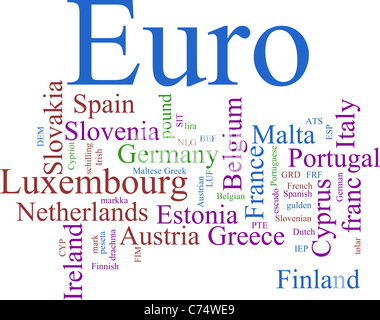 Word Cloud basiert auf der gemeinsamen europäischen Währung Stockfoto