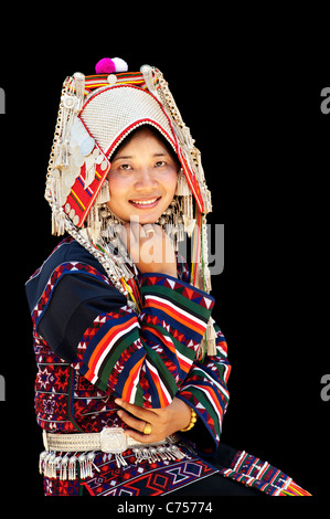 Akha Frau trägt eine PhameeAkha Kostüm in Chiang Rai, Thailand, Asien. Stockfoto