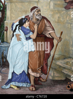 Ödipus. Held der griechischen Mythologie.  Ödipus und Antigone. Kupferstich von M. Weber. Farbige. Stockfoto