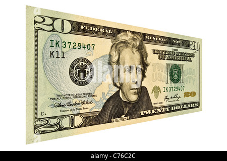 Einzigen 20 US-Dollar bill isoliert auf weiss Stockfoto