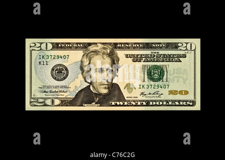 Einzigen 20 US-Dollar bill isoliert auf schwarz Stockfoto
