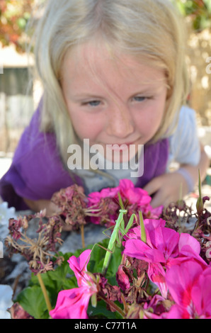 Mädchen fotografieren von Insekten und Käfer im Garten. Stockfoto