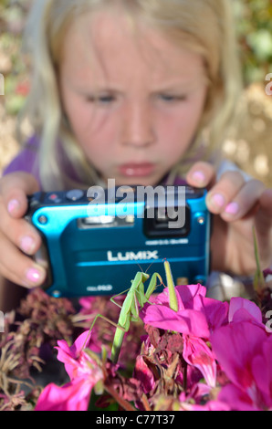 Mädchen fotografieren von Insekten und Käfer im Garten. Stockfoto