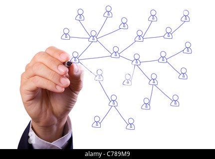 Business Mann Handschrift Sozialnetz auf whiteboard Stockfoto