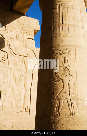 Reliefs an der großen Säulenhalle in der Leichenhalle Tempel von Ramses II am Westufer des Nils von Luxor, Ägypten Stockfoto