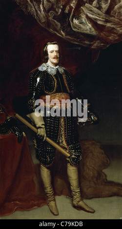 Philipp IV. (1606-1665). König von Spanien. Philip IV mit einem Löwen zu seinen Füßen. 1653. Gemälde von Velazquez... Prado-Museum. Spanien. Stockfoto